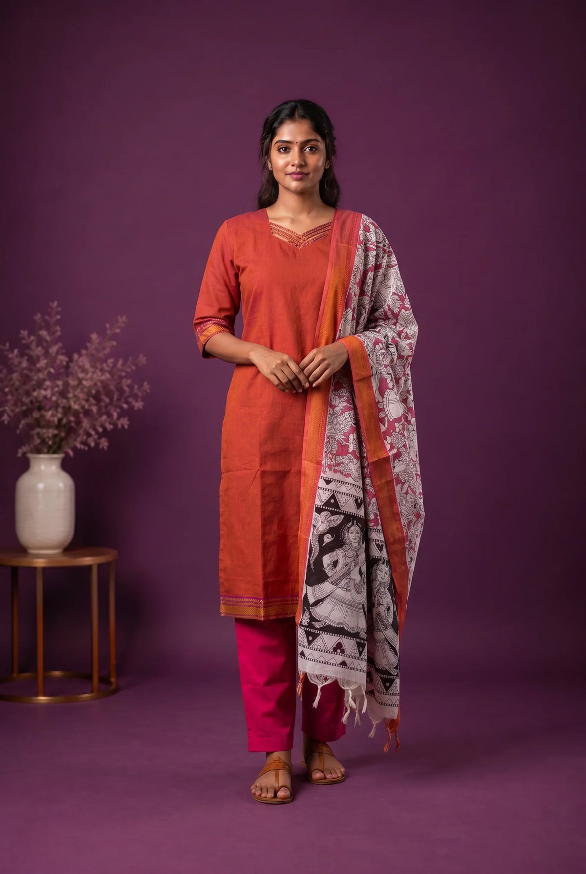 Premium Mangalagiri 3PC Kurti Set with Boutique Style Neck Design & Kalamkari Dupatta | Rust Orange Colour | Ready to Wear