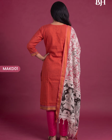 Premium Mangalagiri 3PC Kurti Set with Boutique Style Neck Design & Kalamkari Dupatta | Rust Orange Colour | Ready to Wear