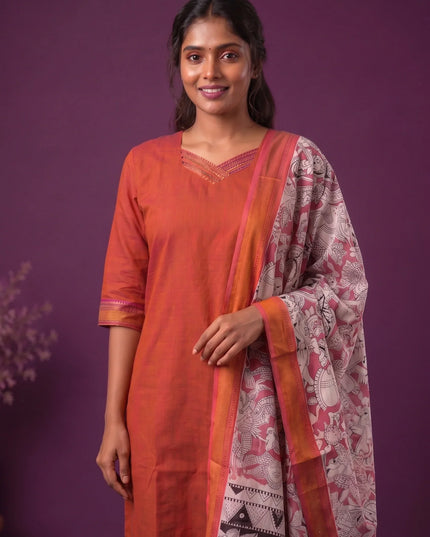 Premium Mangalagiri 3PC Kurti Set with Boutique Style Neck Design & Kalamkari Dupatta | Rust Orange Colour | Ready to Wear