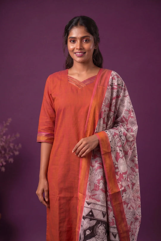 Premium Mangalagiri 3PC Kurti Set with Boutique Style Neck Design & Kalamkari Dupatta | Rust Orange Colour | Ready to Wear