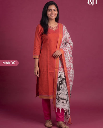 Premium Mangalagiri 3PC Kurti Set with Boutique Style Neck Design & Kalamkari Dupatta | Rust Orange Colour | Ready to Wear