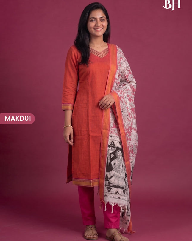 Premium Mangalagiri 3PC Kurti Set with Boutique Style Neck Design & Kalamkari Dupatta | Rust Orange Colour | Ready to Wear