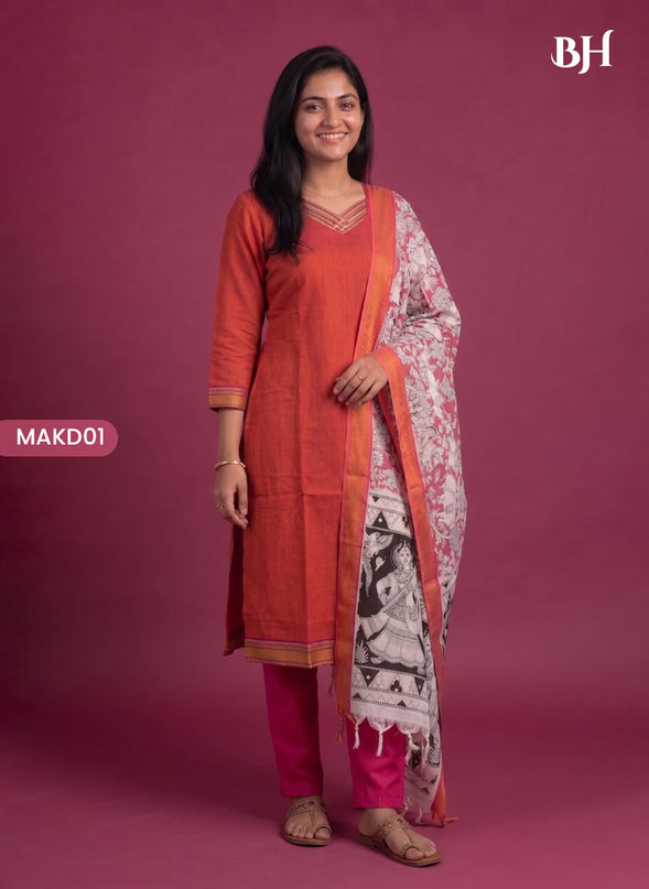 Premium Mangalagiri 3PC Kurti Set with Boutique Style Neck Design & Kalamkari Dupatta | Rust Orange Colour | Ready to Wear