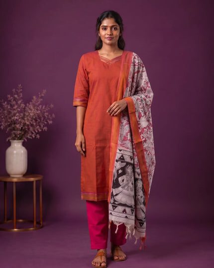 Premium Mangalagiri 3PC Kurti Set with Boutique Style Neck Design & Kalamkari Dupatta | Rust Orange Colour | Ready to Wear