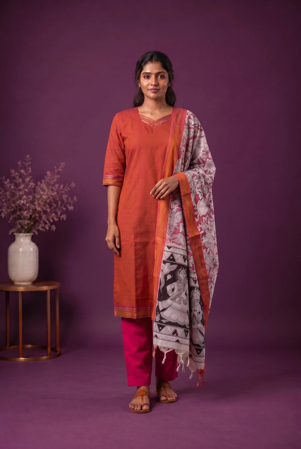 Premium Mangalagiri 3PC Kurti Set with Boutique Style Neck Design & Kalamkari Dupatta | Rust Orange Colour | Ready to Wear