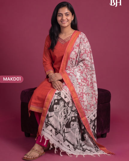 Premium Mangalagiri 3PC Kurti Set with Boutique Style Neck Design & Kalamkari Dupatta | Rust Orange Colour | Ready to Wear