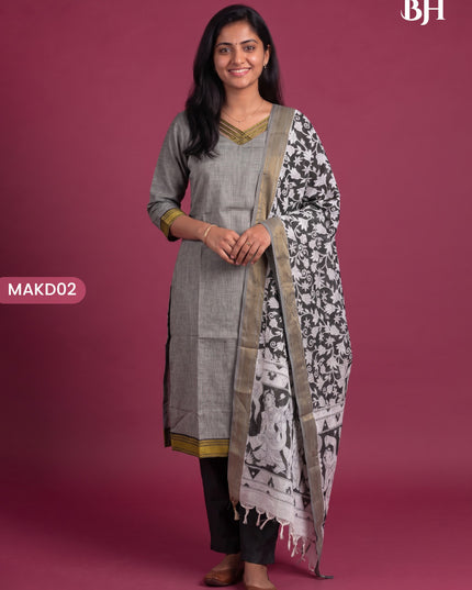 Premium Mangalagiri 3PC Kurti Set with Boutique Style Neck Design & Kalamkari Dupatta | Grey Colour | Ready to Wear