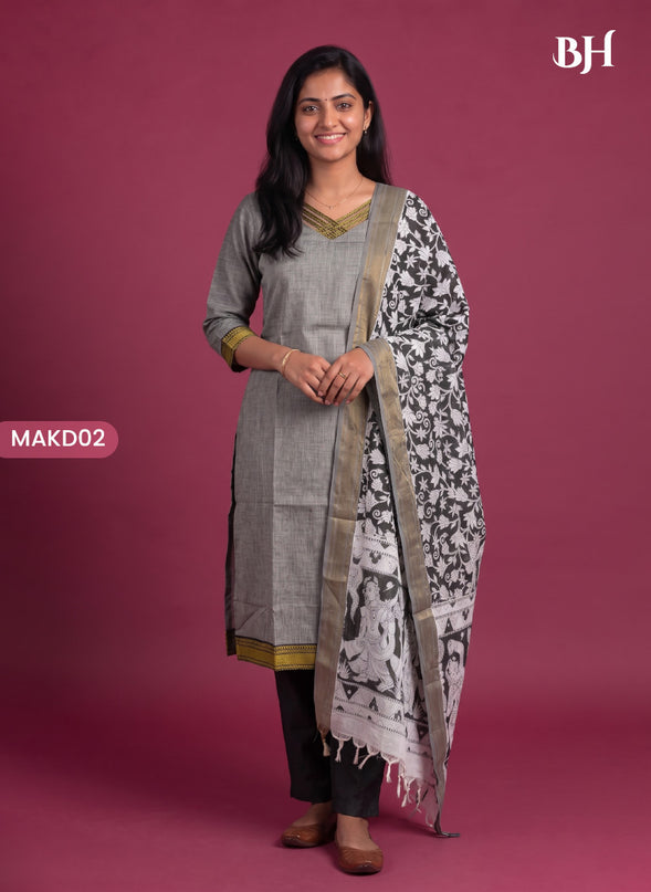 Premium Mangalagiri 3PC Kurti Set with Boutique Style Neck Design & Kalamkari Dupatta | Grey Colour | Ready to Wear
