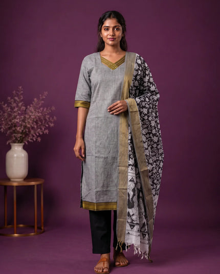 Premium Mangalagiri 3PC Kurti Set with Boutique Style Neck Design & Kalamkari Dupatta | Grey Colour | Ready to Wear