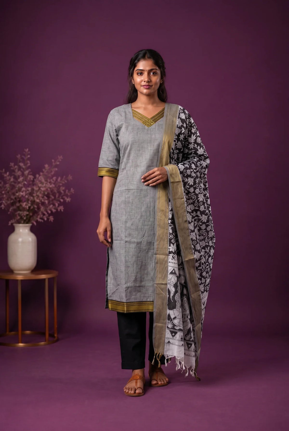 Premium Mangalagiri 3PC Kurti Set with Boutique Style Neck Design & Kalamkari Dupatta | Grey Colour | Ready to Wear