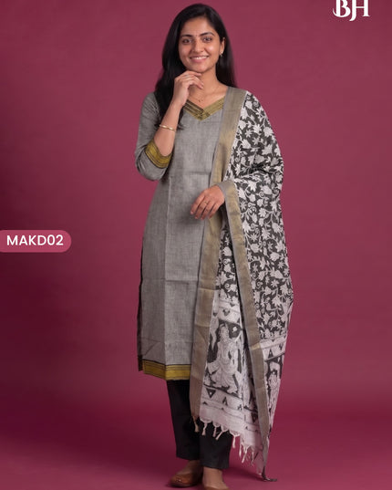 Premium Mangalagiri 3PC Kurti Set with Boutique Style Neck Design & Kalamkari Dupatta | Grey Colour | Ready to Wear