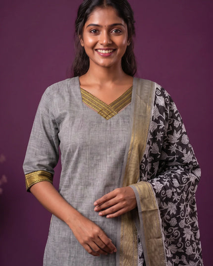 Premium Mangalagiri 3PC Kurti Set with Boutique Style Neck Design & Kalamkari Dupatta | Grey Colour | Ready to Wear