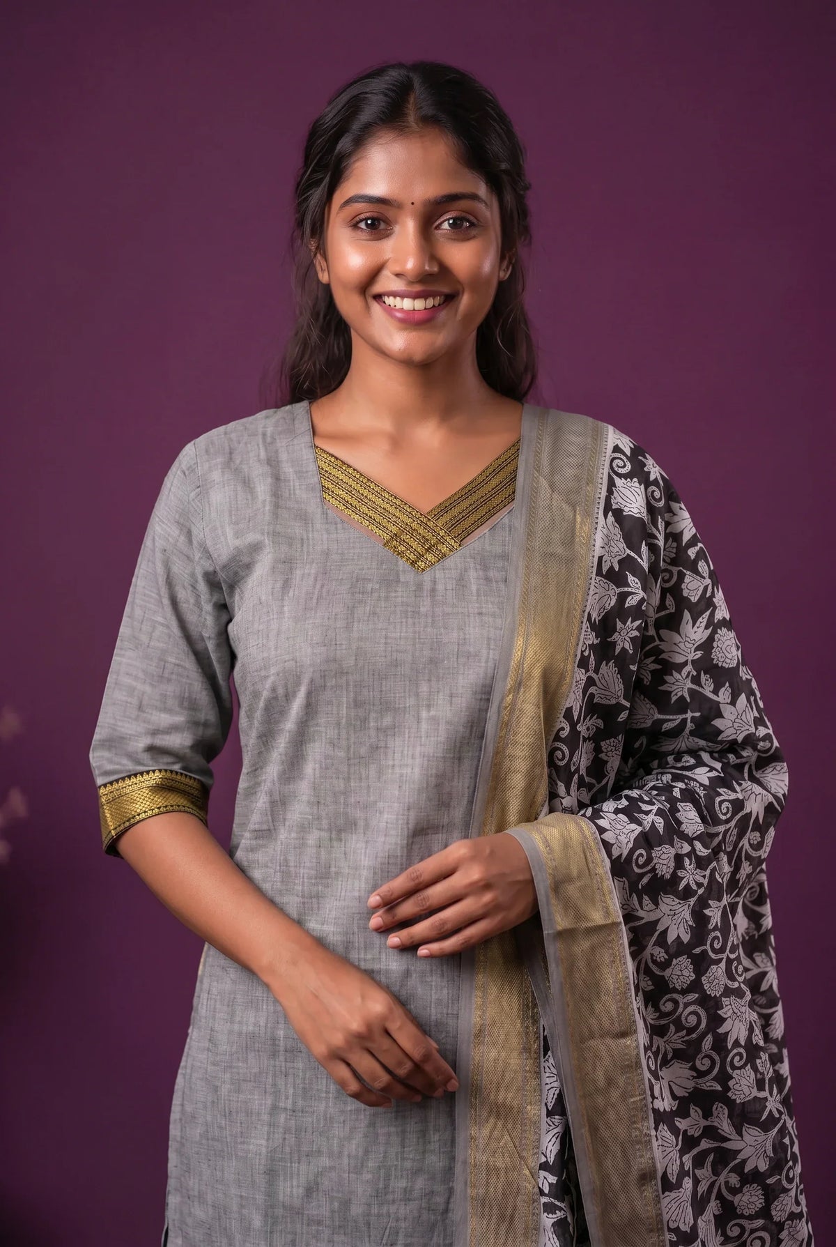 Premium Mangalagiri 3PC Kurti Set with Boutique Style Neck Design & Kalamkari Dupatta | Grey Colour | Ready to Wear