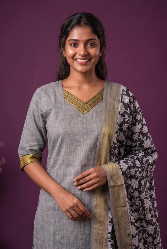 Premium Mangalagiri 3PC Kurti Set with Boutique Style Neck Design & Kalamkari Dupatta | Grey Colour | Ready to Wear