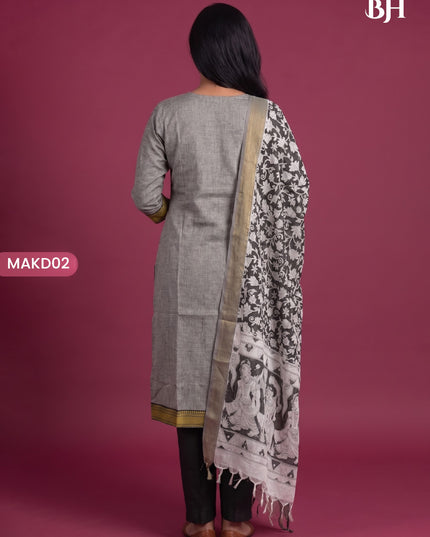 Premium Mangalagiri 3PC Kurti Set with Boutique Style Neck Design & Kalamkari Dupatta | Grey Colour | Ready to Wear