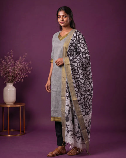 Premium Mangalagiri 3PC Kurti Set with Boutique Style Neck Design & Kalamkari Dupatta | Grey Colour | Ready to Wear