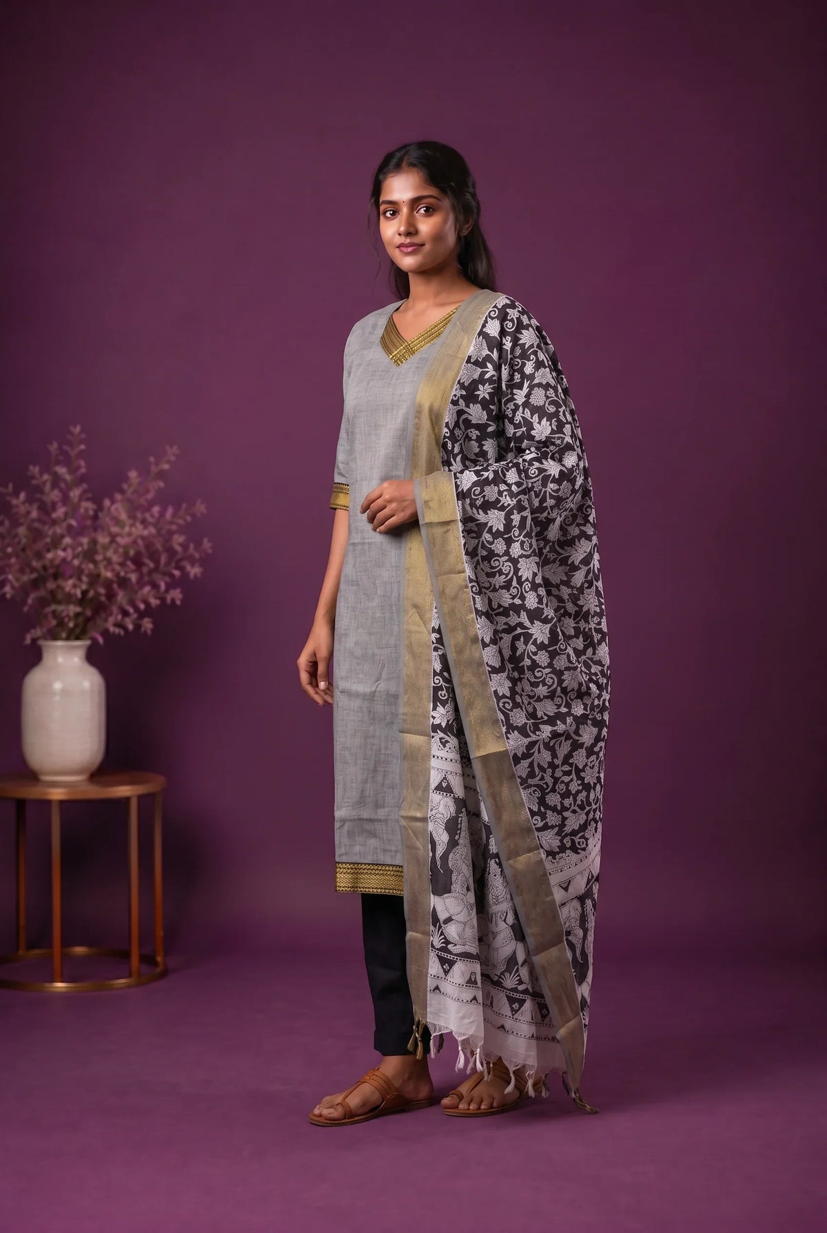 Premium Mangalagiri 3PC Kurti Set with Boutique Style Neck Design & Kalamkari Dupatta | Grey Colour | Ready to Wear