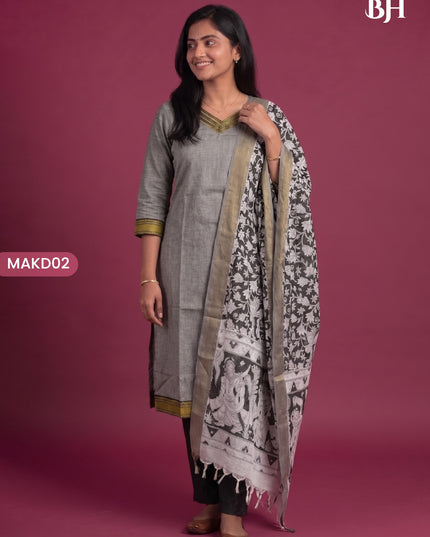 Premium Mangalagiri 3PC Kurti Set with Boutique Style Neck Design & Kalamkari Dupatta | Grey Colour | Ready to Wear