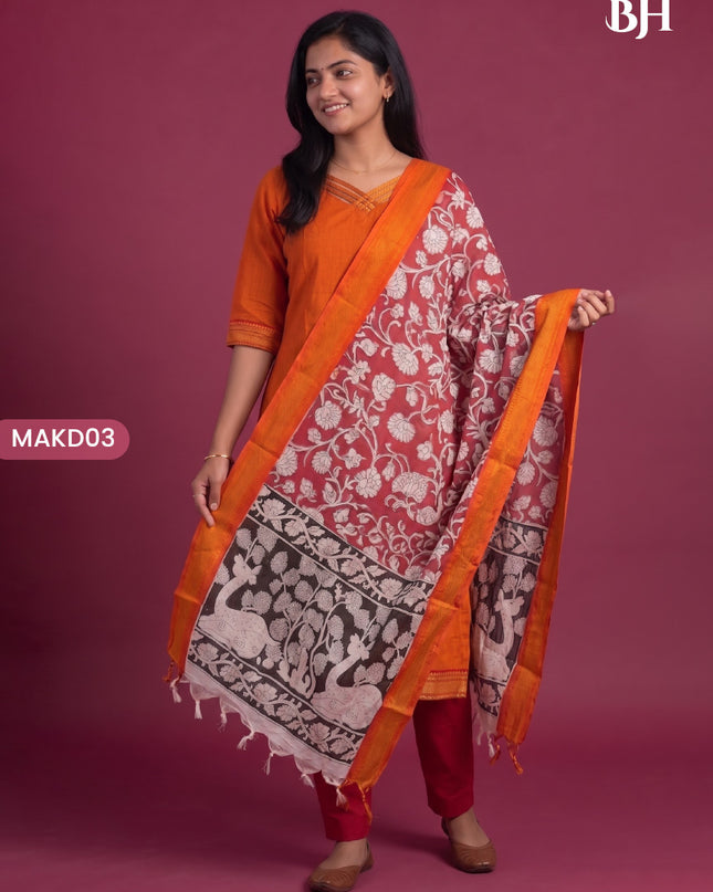 Premium Mangalagiri 3PC Kurti Set with Boutique Style Neck Design & Kalamkari Dupatta | Orange Colour | Ready to Wear