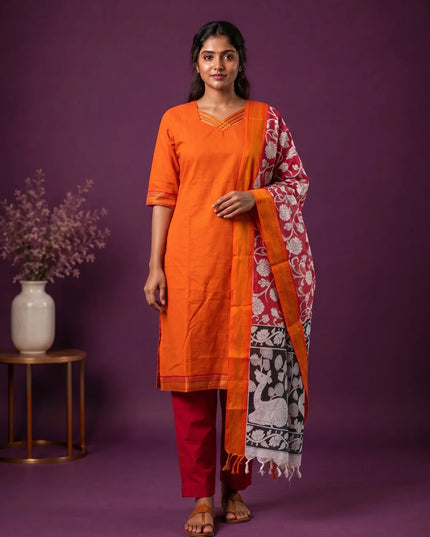 Premium Mangalagiri 3PC Kurti Set with Boutique Style Neck Design & Kalamkari Dupatta | Orange Colour | Ready to Wear