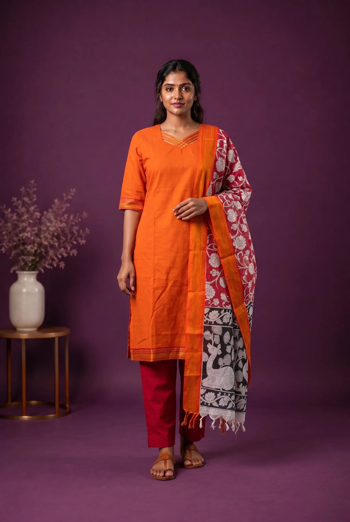 Premium Mangalagiri 3PC Kurti Set with Boutique Style Neck Design & Kalamkari Dupatta | Orange Colour | Ready to Wear