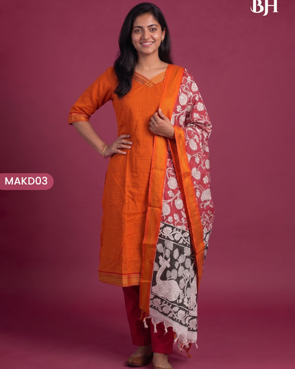 Premium Mangalagiri 3PC Kurti Set with Boutique Style Neck Design & Kalamkari Dupatta | Orange Colour | Ready to Wear