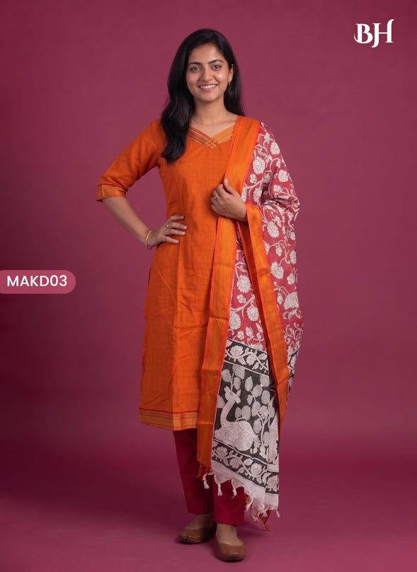 Premium Mangalagiri 3PC Kurti Set with Boutique Style Neck Design & Kalamkari Dupatta | Orange Colour | Ready to Wear