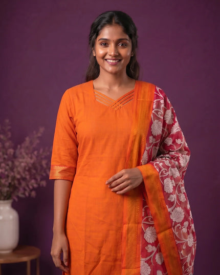 Premium Mangalagiri 3PC Kurti Set with Boutique Style Neck Design & Kalamkari Dupatta | Orange Colour | Ready to Wear
