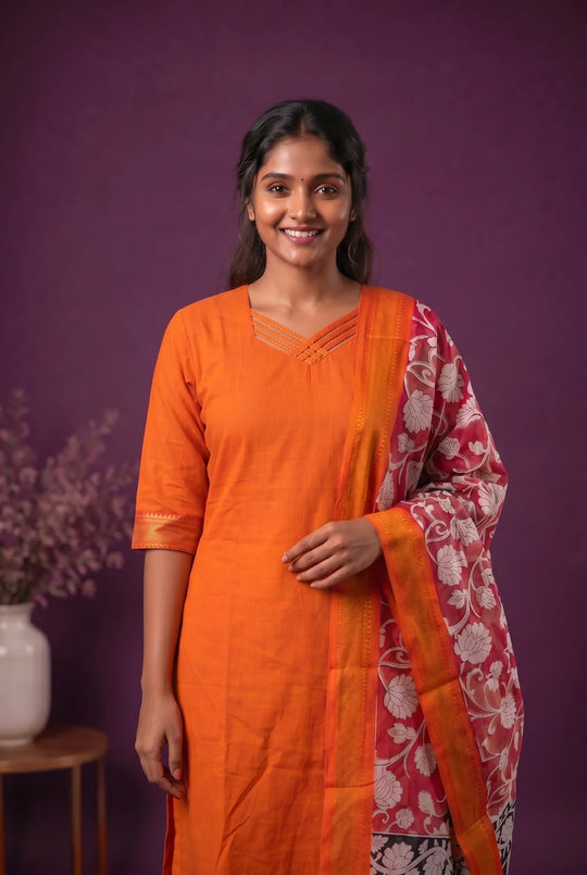 Premium Mangalagiri 3PC Kurti Set with Boutique Style Neck Design & Kalamkari Dupatta | Orange Colour | Ready to Wear