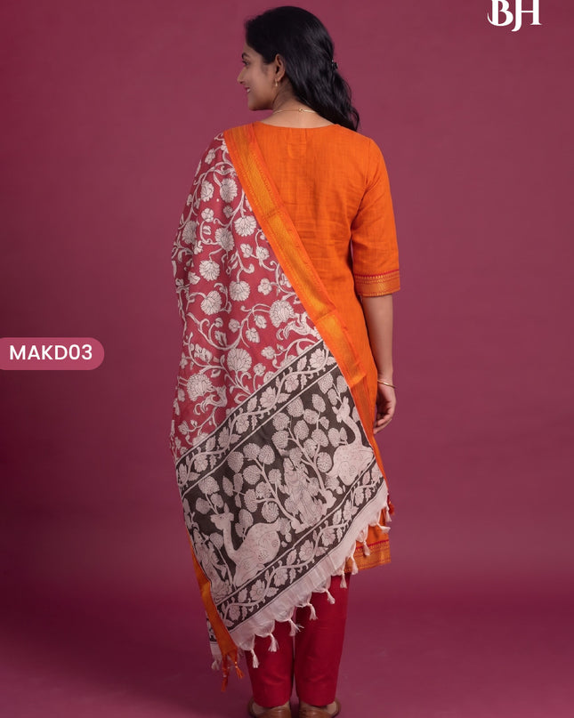 Premium Mangalagiri 3PC Kurti Set with Boutique Style Neck Design & Kalamkari Dupatta | Orange Colour | Ready to Wear