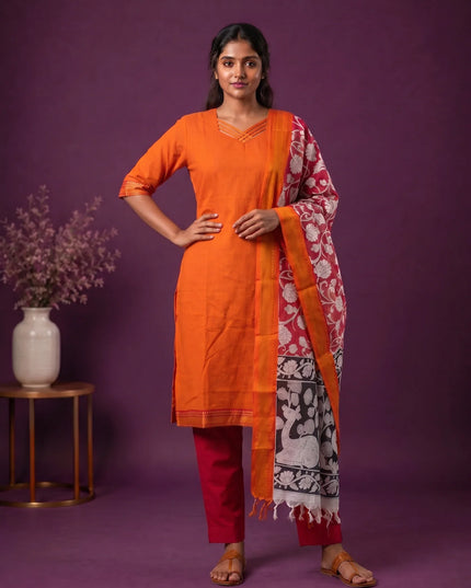 Premium Mangalagiri 3PC Kurti Set with Boutique Style Neck Design & Kalamkari Dupatta | Orange Colour | Ready to Wear