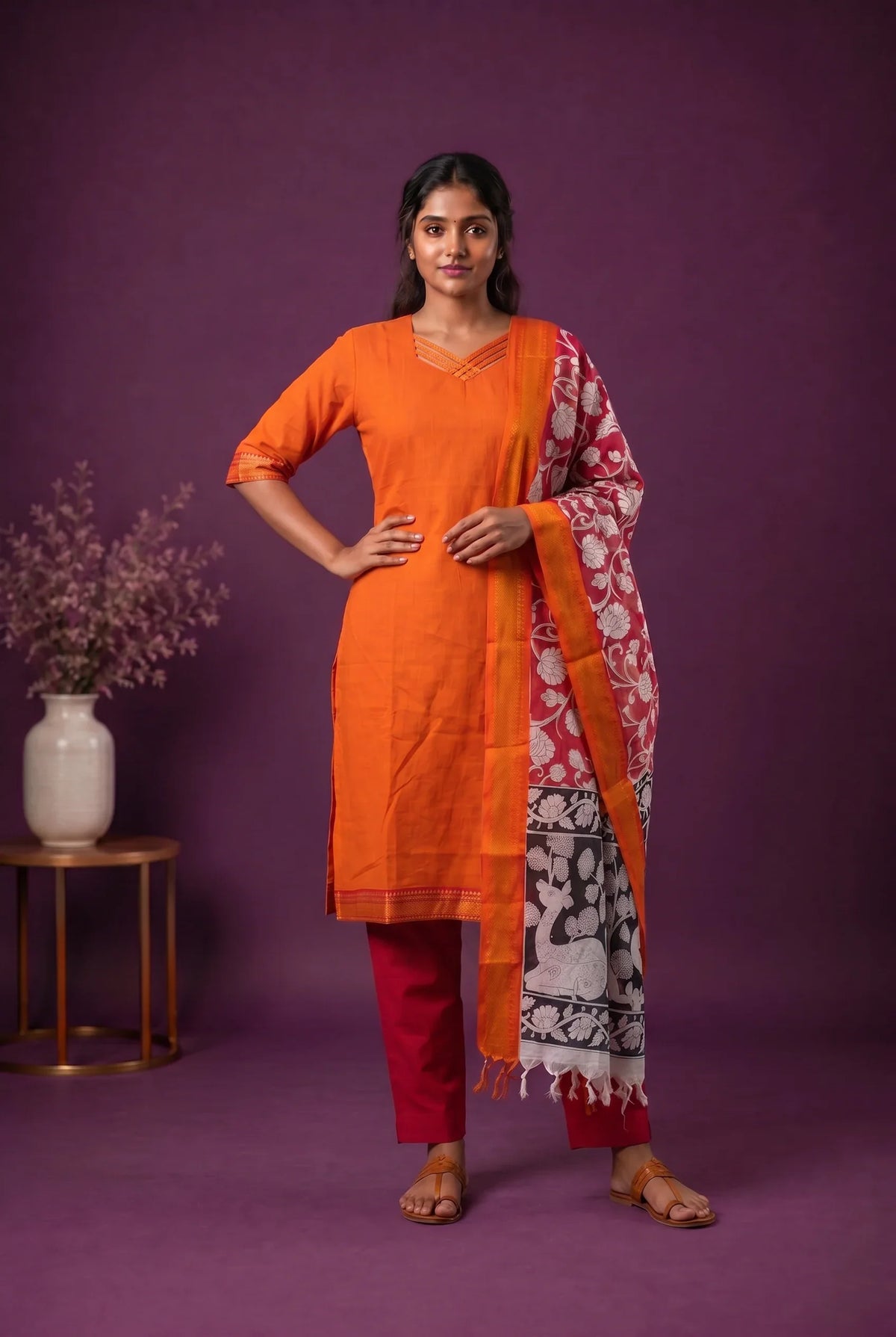 Premium Mangalagiri 3PC Kurti Set with Boutique Style Neck Design & Kalamkari Dupatta | Orange Colour | Ready to Wear