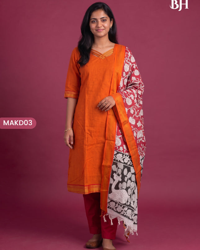 Premium Mangalagiri 3PC Kurti Set with Boutique Style Neck Design & Kalamkari Dupatta | Orange Colour | Ready to Wear