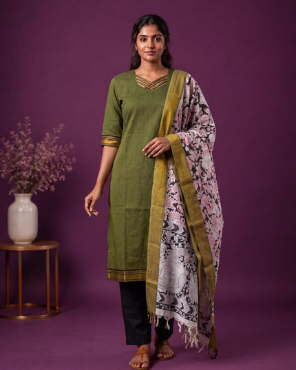 Premium Mangalagiri 3PC Kurti Set with Boutique Style Neck Design & Kalamkari Dupatta | Olive Green Colour | Ready to Wear