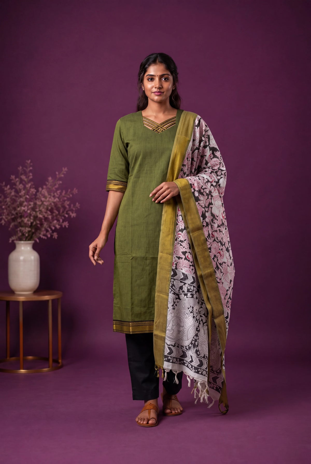 Premium Mangalagiri 3PC Kurti Set with Boutique Style Neck Design & Kalamkari Dupatta | Olive Green Colour | Ready to Wear