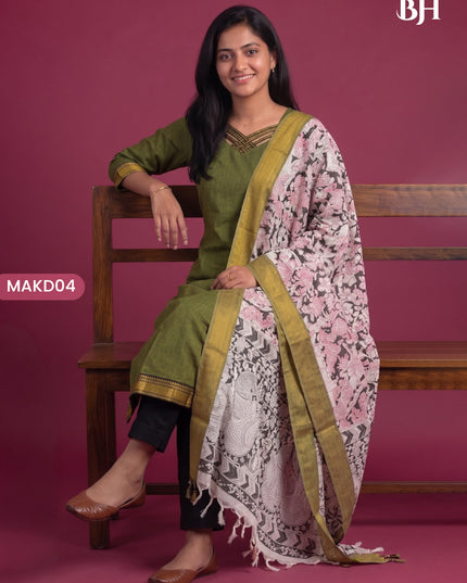 Premium Mangalagiri 3PC Kurti Set with Boutique Style Neck Design & Kalamkari Dupatta | Olive Green Colour | Ready to Wear