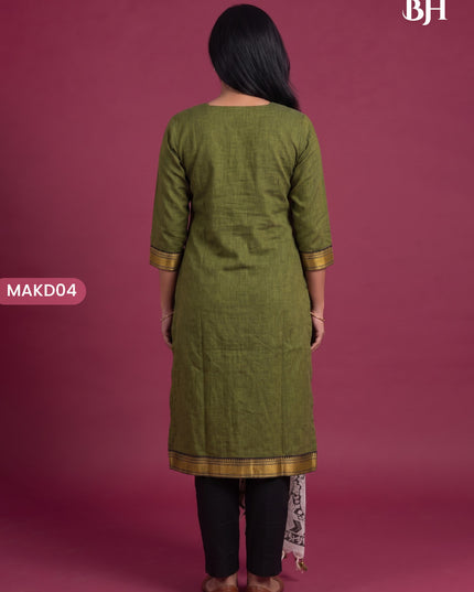 Premium Mangalagiri 3PC Kurti Set with Boutique Style Neck Design & Kalamkari Dupatta | Olive Green Colour | Ready to Wear