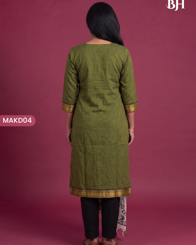 Premium Mangalagiri 3PC Kurti Set with Boutique Style Neck Design & Kalamkari Dupatta | Olive Green Colour | Ready to Wear