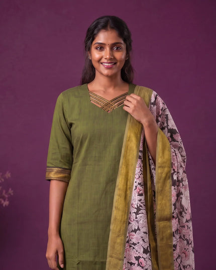 Premium Mangalagiri 3PC Kurti Set with Boutique Style Neck Design & Kalamkari Dupatta | Olive Green Colour | Ready to Wear
