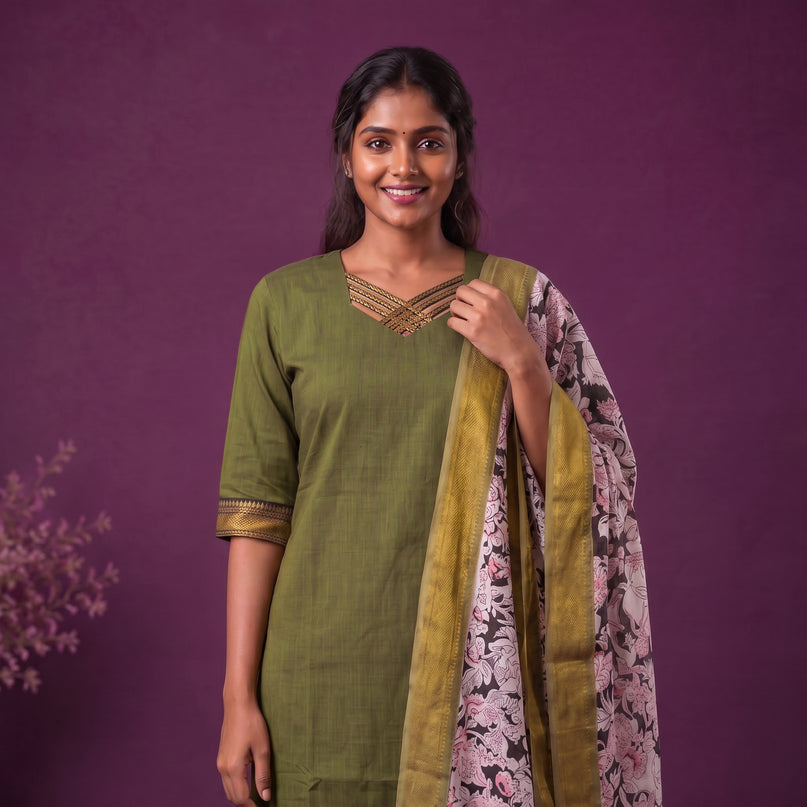 Premium Mangalagiri 3PC Kurti Set with Boutique Style Neck Design & Kalamkari Dupatta | Olive Green Colour | Ready to Wear
