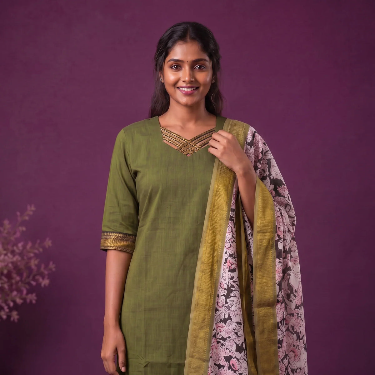 Premium Mangalagiri 3PC Kurti Set with Boutique Style Neck Design & Kalamkari Dupatta | Olive Green Colour | Ready to Wear