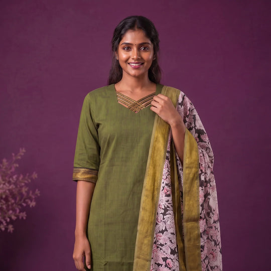 Premium Mangalagiri 3PC Kurti Set with Boutique Style Neck Design & Kalamkari Dupatta | Olive Green Colour | Ready to Wear