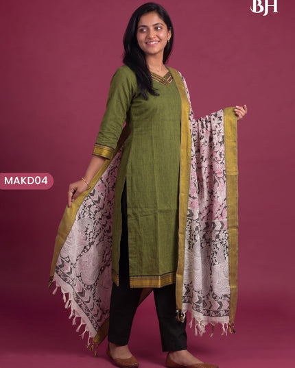 Premium Mangalagiri 3PC Kurti Set with Boutique Style Neck Design & Kalamkari Dupatta | Olive Green Colour | Ready to Wear