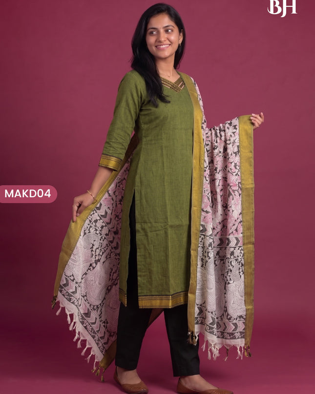 Premium Mangalagiri 3PC Kurti Set with Boutique Style Neck Design & Kalamkari Dupatta | Olive Green Colour | Ready to Wear