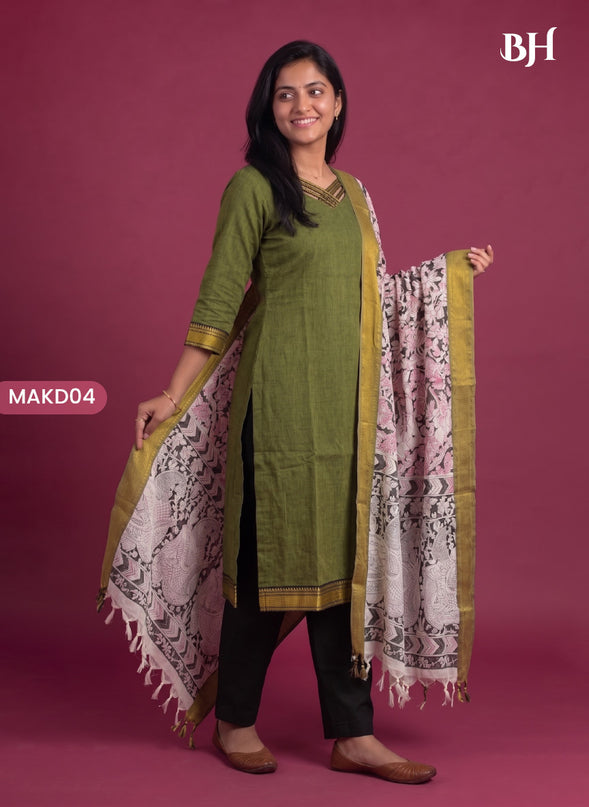 Premium Mangalagiri 3PC Kurti Set with Boutique Style Neck Design & Kalamkari Dupatta | Olive Green Colour | Ready to Wear