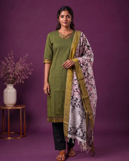 Premium Mangalagiri 3PC Kurti Set with Boutique Style Neck Design & Kalamkari Dupatta | Olive Green Colour | Ready to Wear