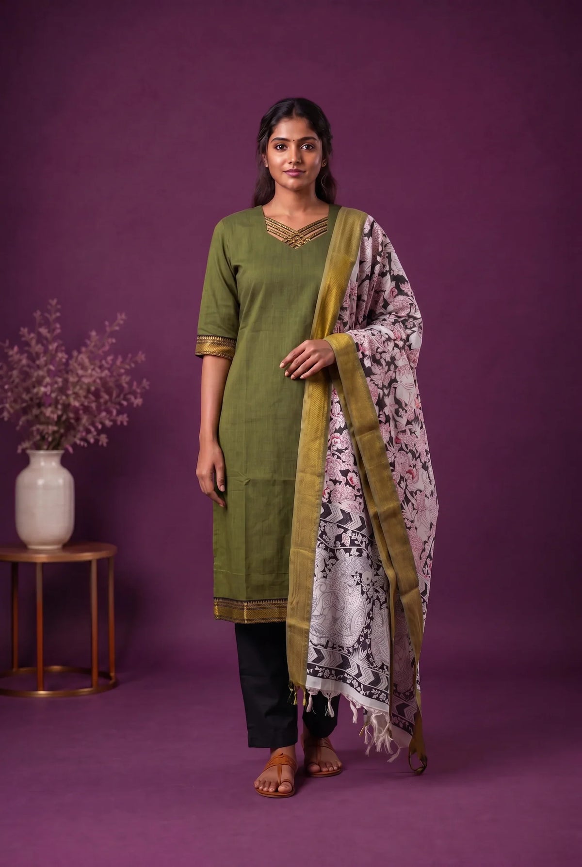 Premium Mangalagiri 3PC Kurti Set with Boutique Style Neck Design & Kalamkari Dupatta | Olive Green Colour | Ready to Wear