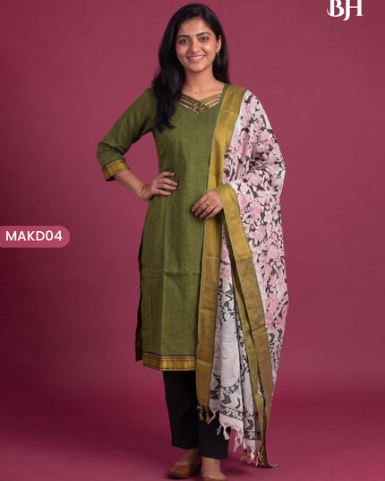 Premium Mangalagiri 3PC Kurti Set with Boutique Style Neck Design & Kalamkari Dupatta | Olive Green Colour | Ready to Wear