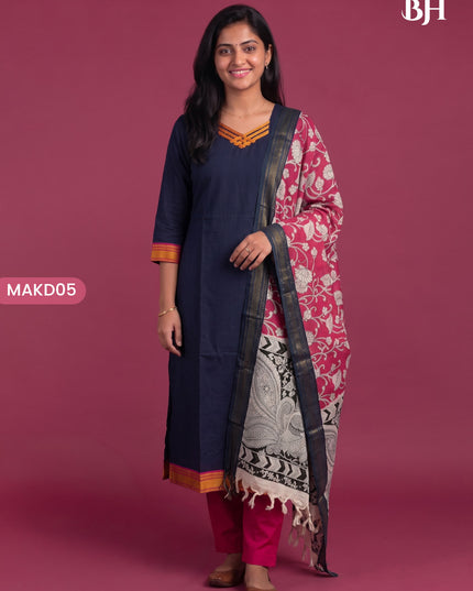 Premium Mangalagiri 3PC Kurti Set with Boutique Style Neck Design & Kalamkari Dupatta | Navy Blue Colour | Ready to Wear