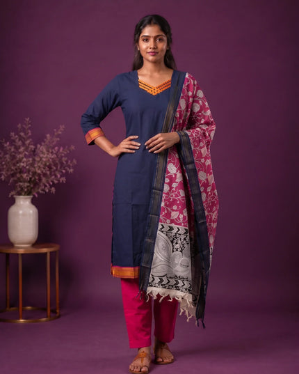 Premium Mangalagiri 3PC Kurti Set with Boutique Style Neck Design & Kalamkari Dupatta | Navy Blue Colour | Ready to Wear